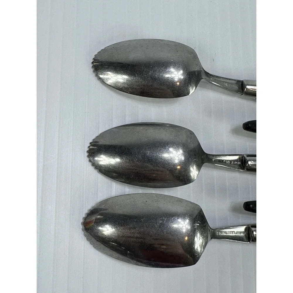 5 Vintage Serrated Citrus Stainless‎ Spoons Black Plastic Handle 6